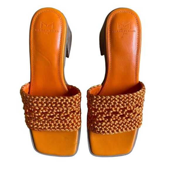 NEW Marc Fisher Jaxxon Square Toe Heeled Sandals Size 5.5 Orange Woven Strap - Picture 4 of 16